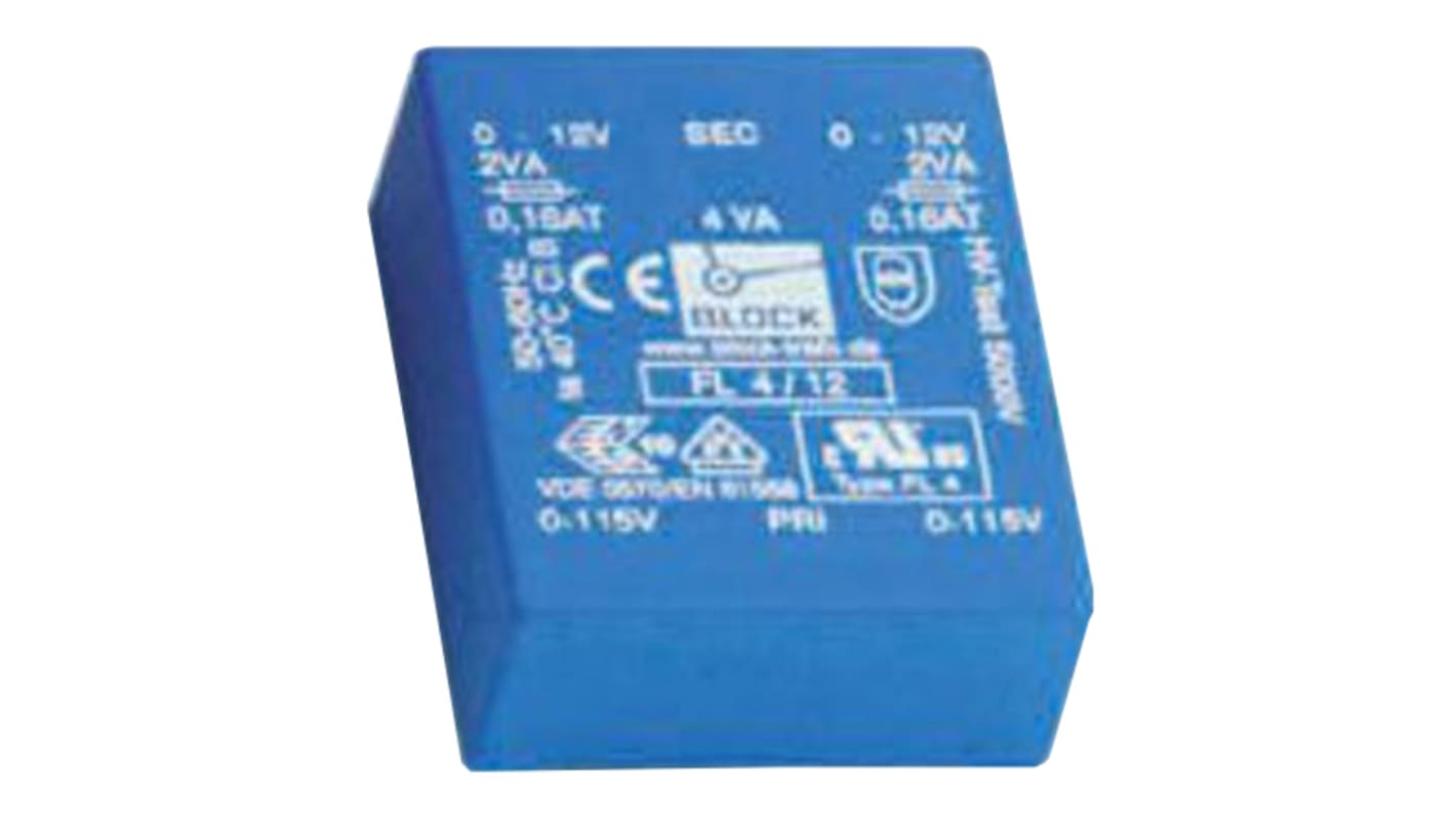 Trasformatore per PCB Block, 4VA, primario 115 V ac, 230 V ac, secondario 6V ca, 2 uscite