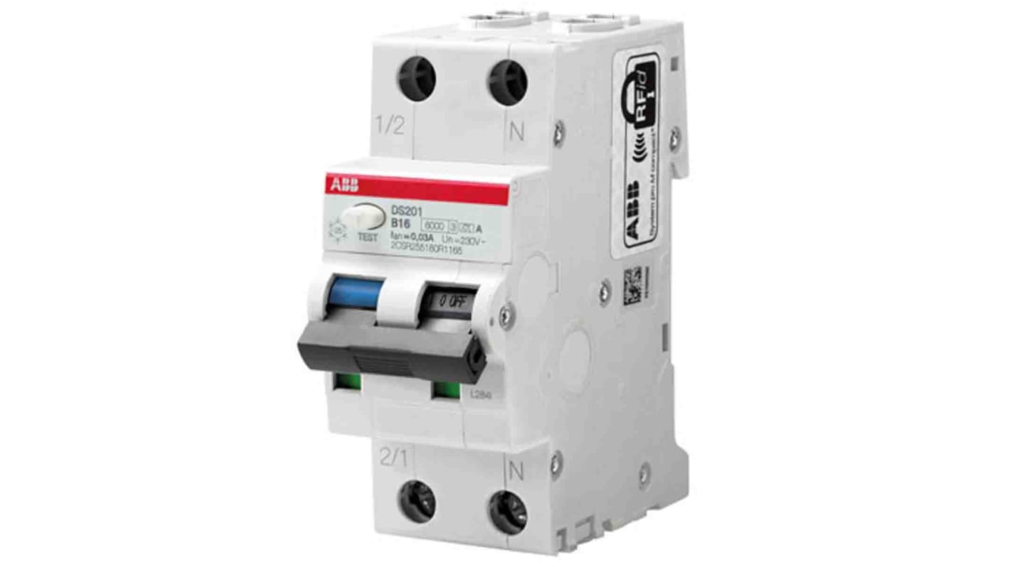 ABB RCBO, 6A Current Rating, 2P Poles, 30mA Trip Sensitivity, System Pro M Compact Range