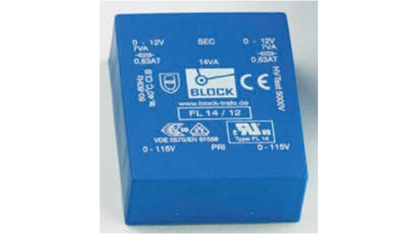 Trasformatore per PCB Block, 14VA, primario 115V ac, 230V ac, secondario 18V ca, 2 uscite