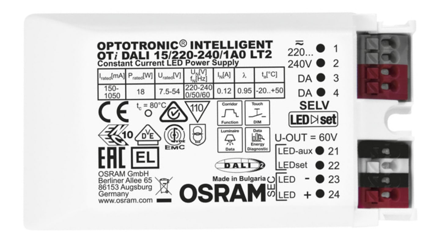 Osram 18W LED驱动电源, 输出15 → 50V 500mA, 可调光, OTI-DX系列