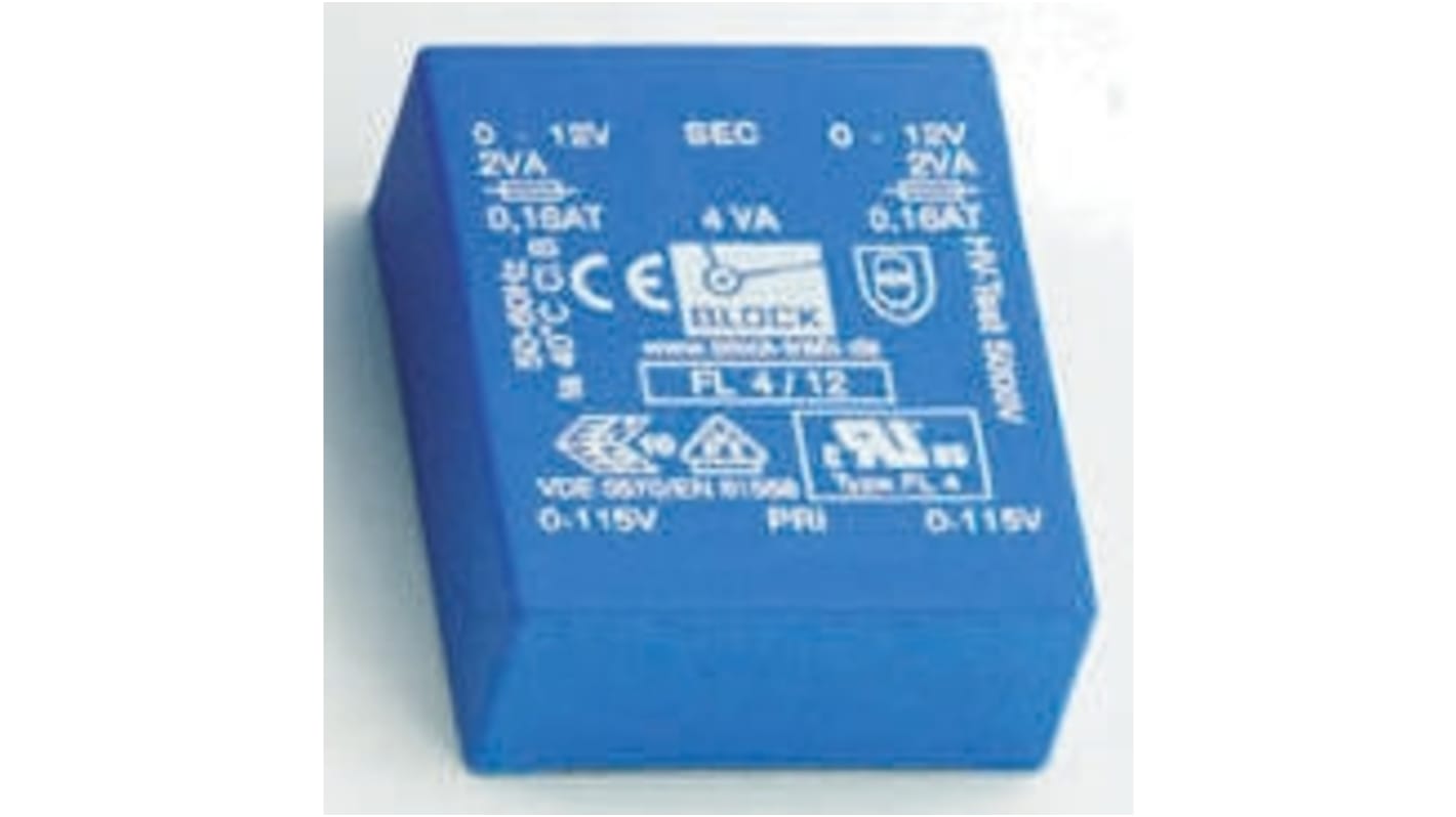 Trasformatore per PCB Block, 6VA, primario 115V ac, 230V ac, secondario 8V ca, 2 uscite