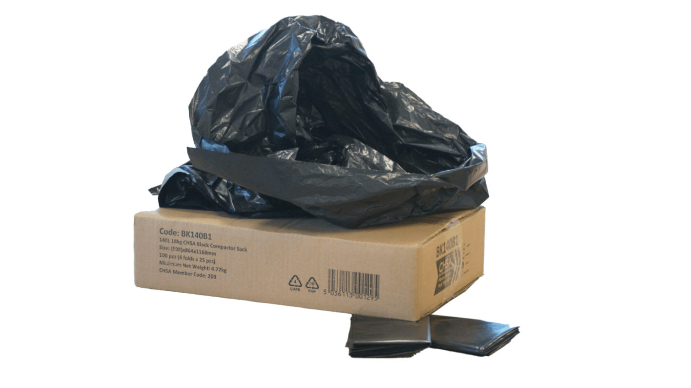Cromwell Polythene Black Polythene Bin Bag, 140L Capacity, 100 per Package