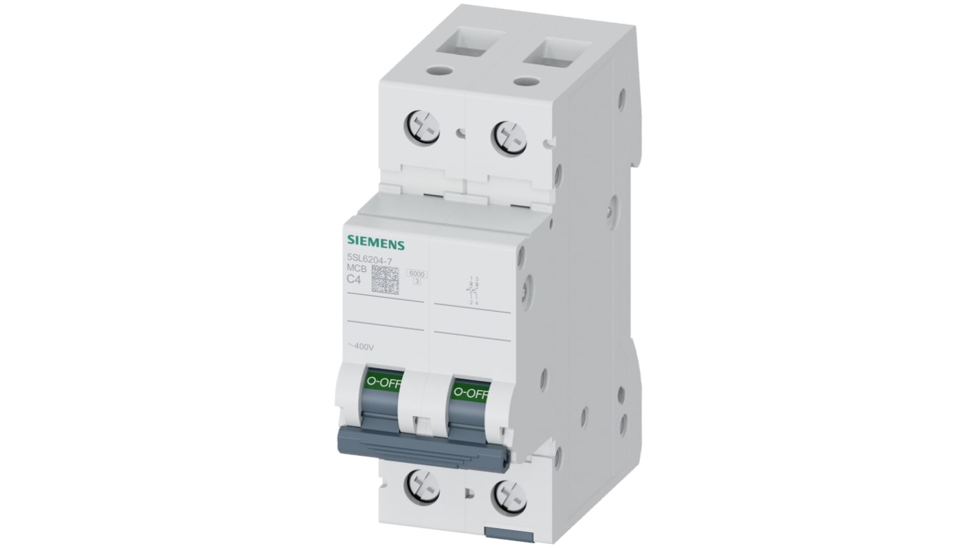 Siemens SENTRON 5SL6 MCB, 2P, 4A Curve C, 6 kA Breaking Capacity