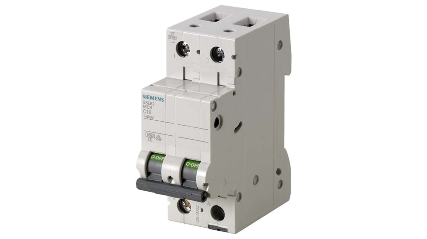 Siemens SENTRON 5SL6 MCB, 2P, 16A Curve B, 6 kA Breaking Capacity