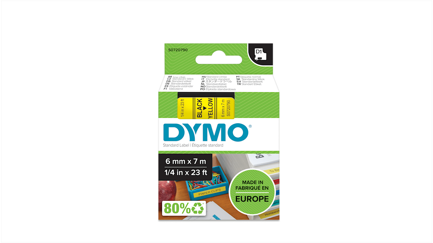 Dymo Black on Yellow Label Printer Tape, 7 m Length, 6 mm Width