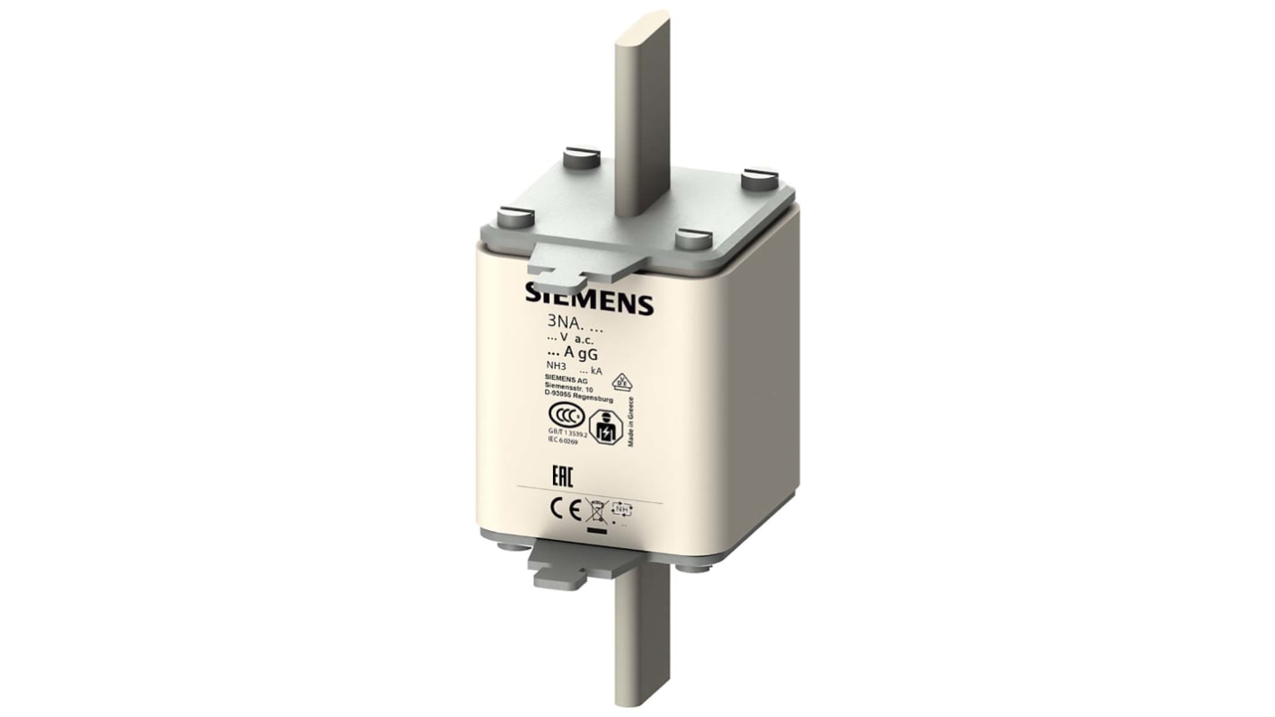 Fusibile con linguette centrate, Siemens, 315A, fusibile NH3 con velocità F, standard IEC 60269, cat. gG 500V ca