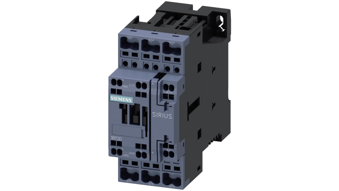 Siemens SIRIUS 3RT Size S0, 3RT2 Contactor, 110 V dc Coil, 3-Pole, 38 A, 18.5 kW, 1NO + 1NC