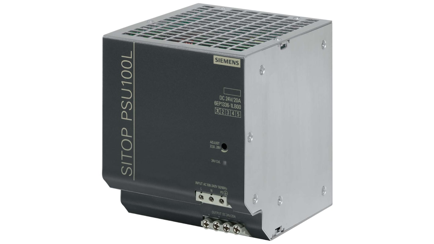 Siemens 6EP Switched Mode DIN Rail Power Supply, 100 → 240V ac ac Input, 24V dc dc Output, 20A Output, 45W