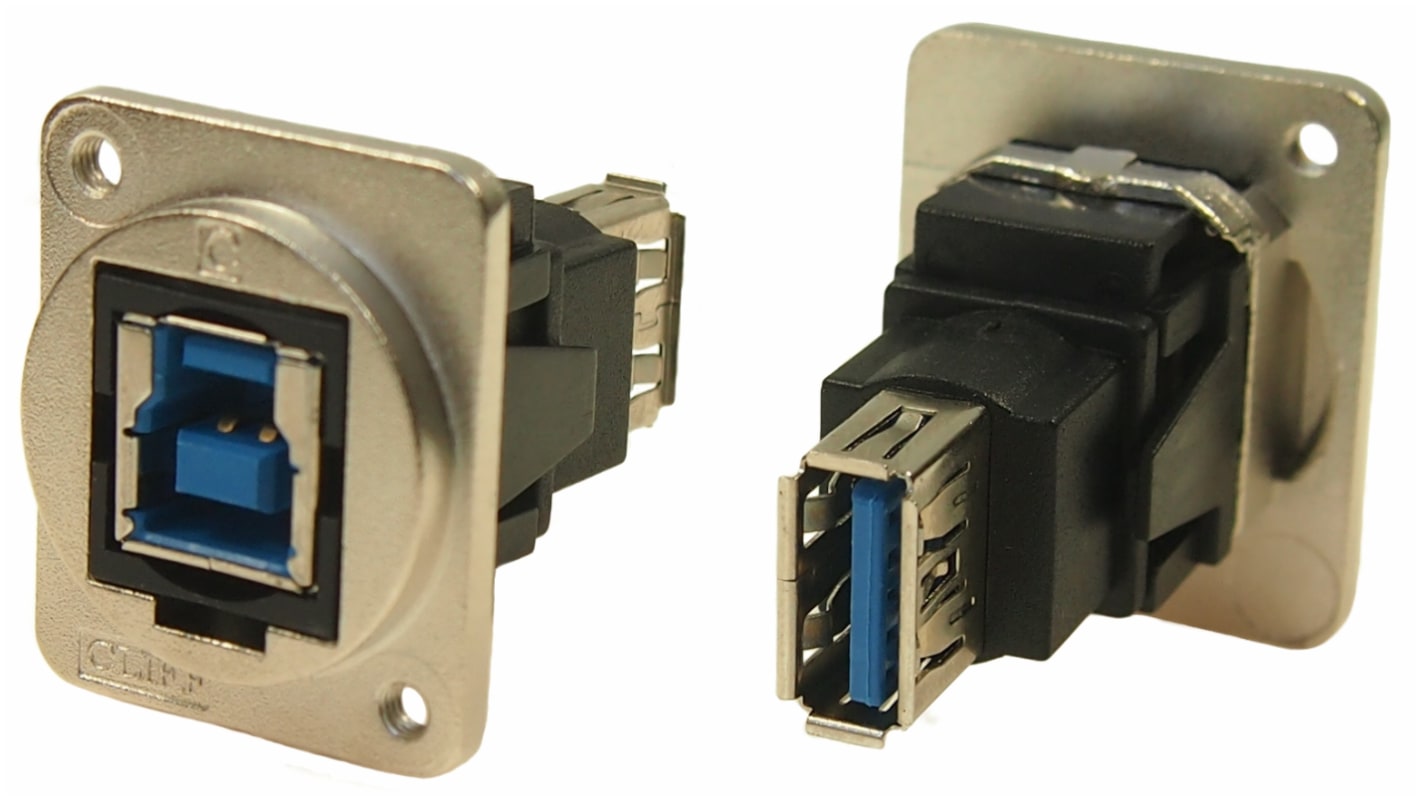 RS PRO Straight, Panel Mount, Socket to Socket- Single Port Type B to A 3.0 IP40 Feedthrough USB Connector