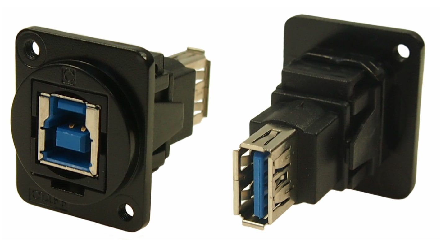 RS PRO Straight, Panel Mount, Socket to Socket- Single Port Type B to A 3.0 IP40 Feedthrough USB Connector