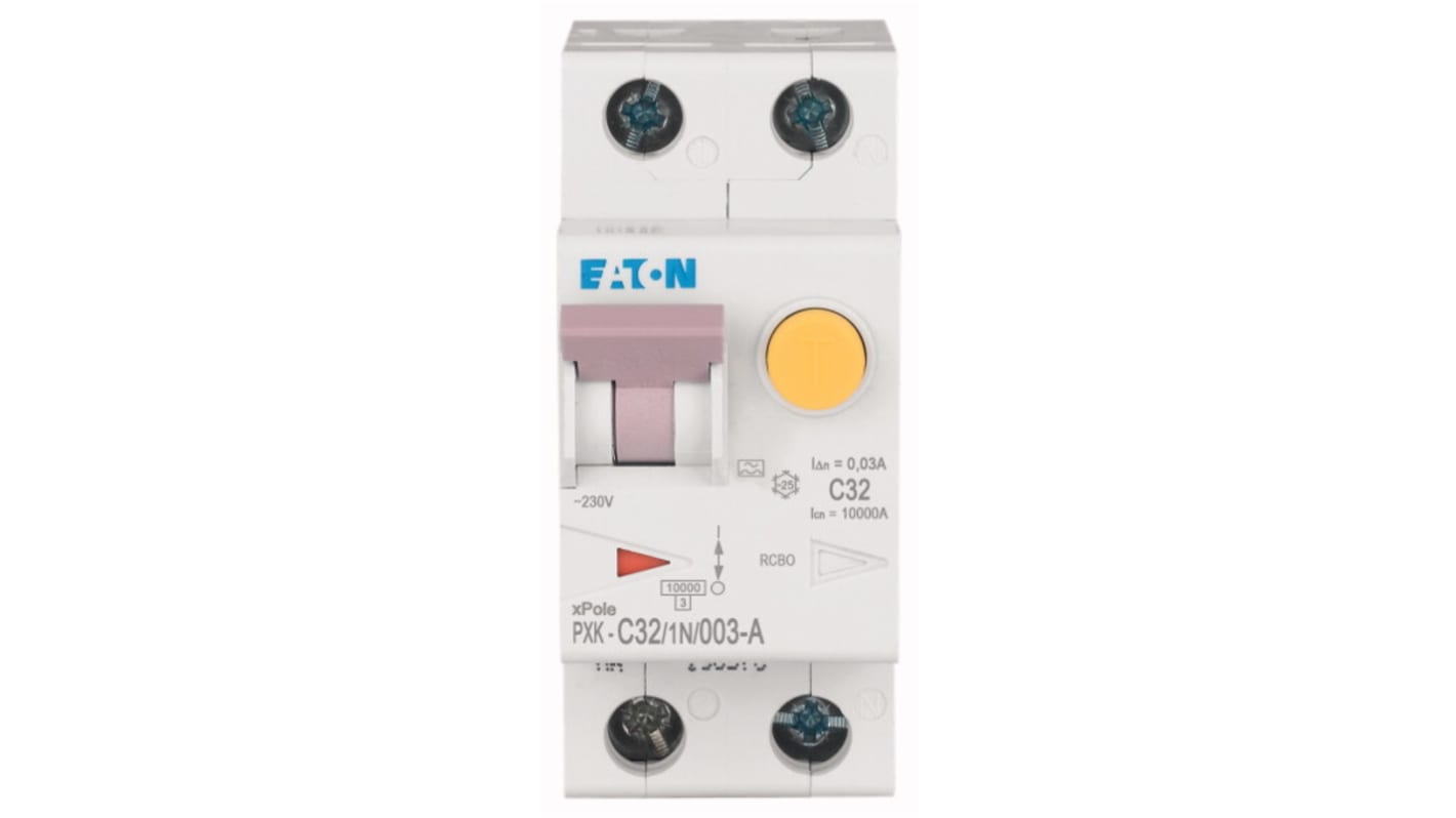 Eaton RCBO, 32A Current Rating, 1P+N Poles, 30mA Trip Sensitivity, Type A, Type C, PXK Range