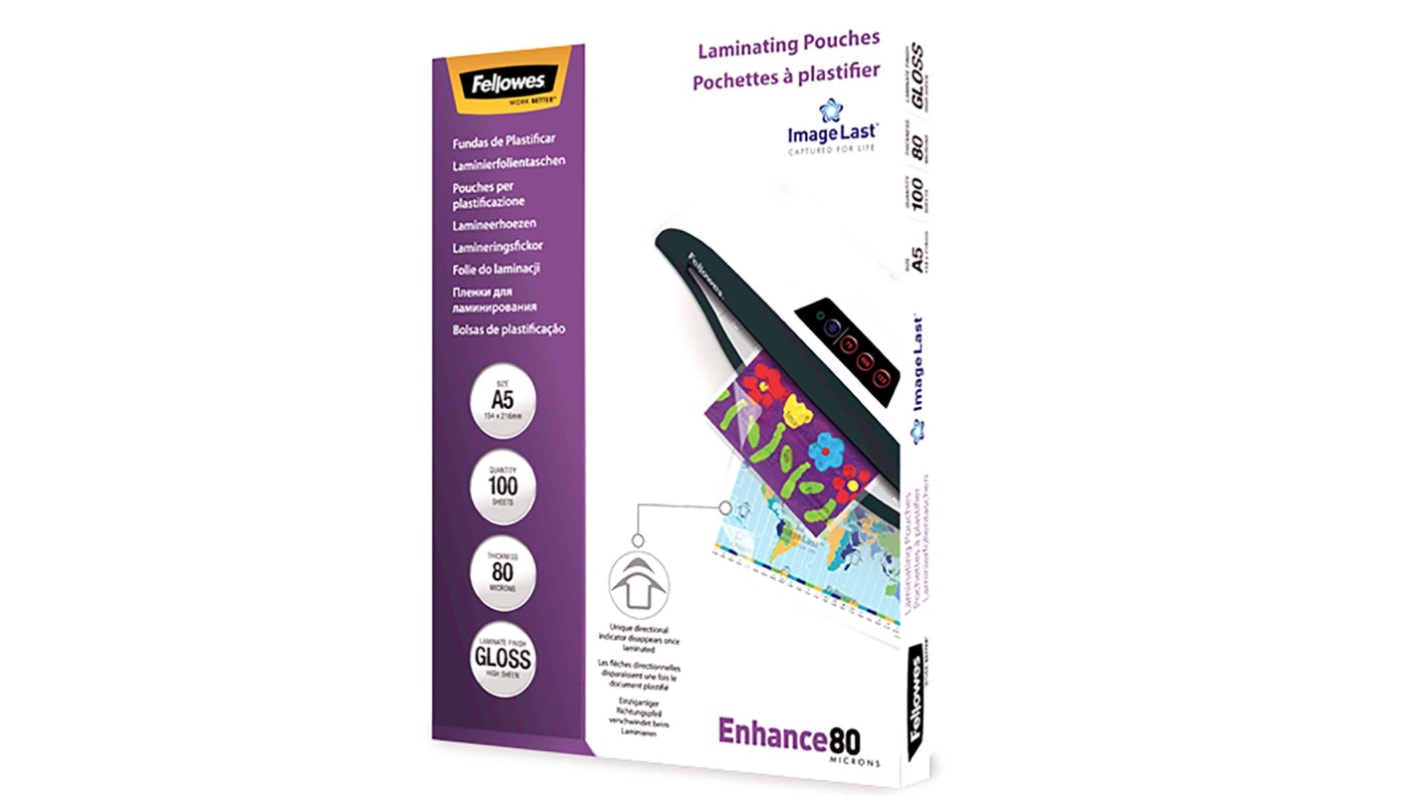 Fellowes A5 Glossy  Laminator Pouches 80micron Thickness, 100 Pack Quantity