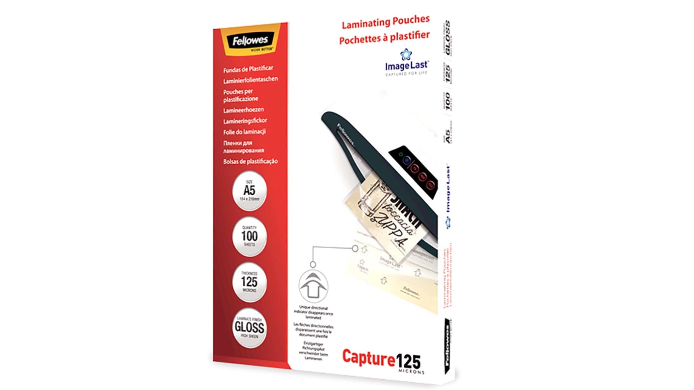 Fellowes A4 Glossy  Laminator Pouches 125micron Thickness, 100 Pack Quantity