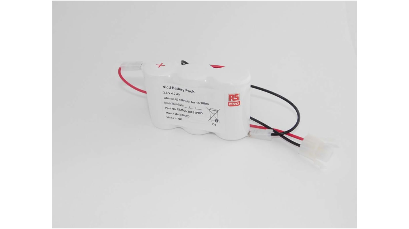 RS PRO 3.6V NiCd Rechargeable Battery Pack, 4Ah - Pack of 1