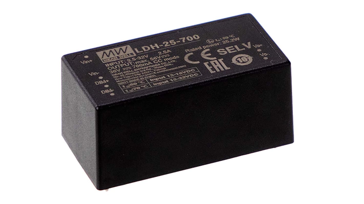 MEAN WELL LED Driver, 84V Output, 25W Output, 700mA Output, Constant Current Dimmable