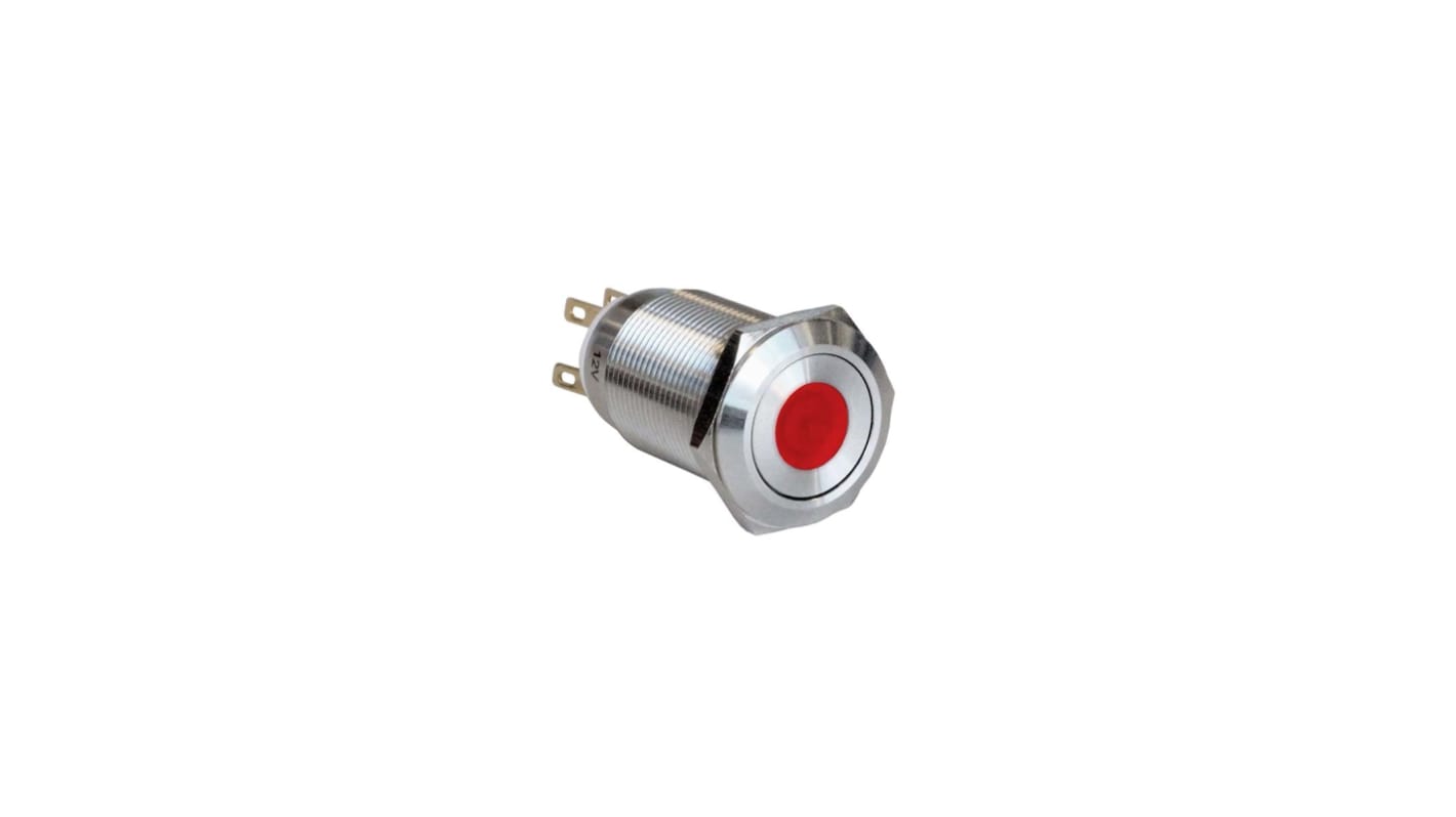 Bulgin MPI005 Series Illuminated Push Button Switch, Latching, Panel Mount, 19.2mm Cutout, SPST, Red LED, 12V, IP65