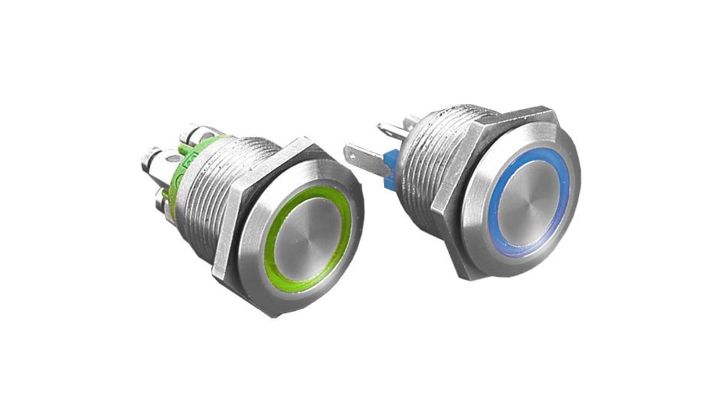 Bulgin MPI002 Series Illuminated Push Button Switch, Latching, Panel Mount, 19.2mm Cutout, SPST, White LED, 24V, IP66