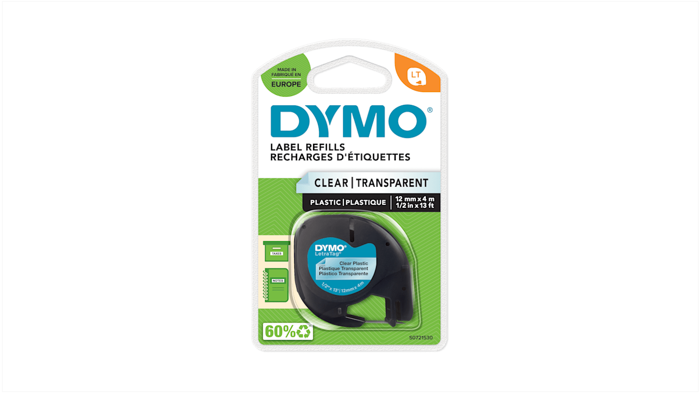 Dymo Black on Clear Label Printer Tape, 4 m Length, 12 mm Width
