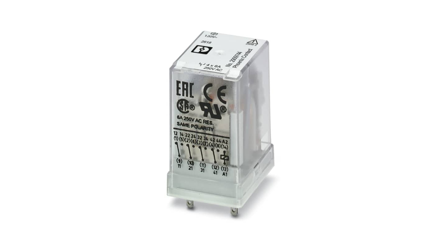 Relé de potencia sin enclavamiento Phoenix Contact REL-IR4/120AC/4X21/EX, bobina 120V ac, 6A, Carril DIN