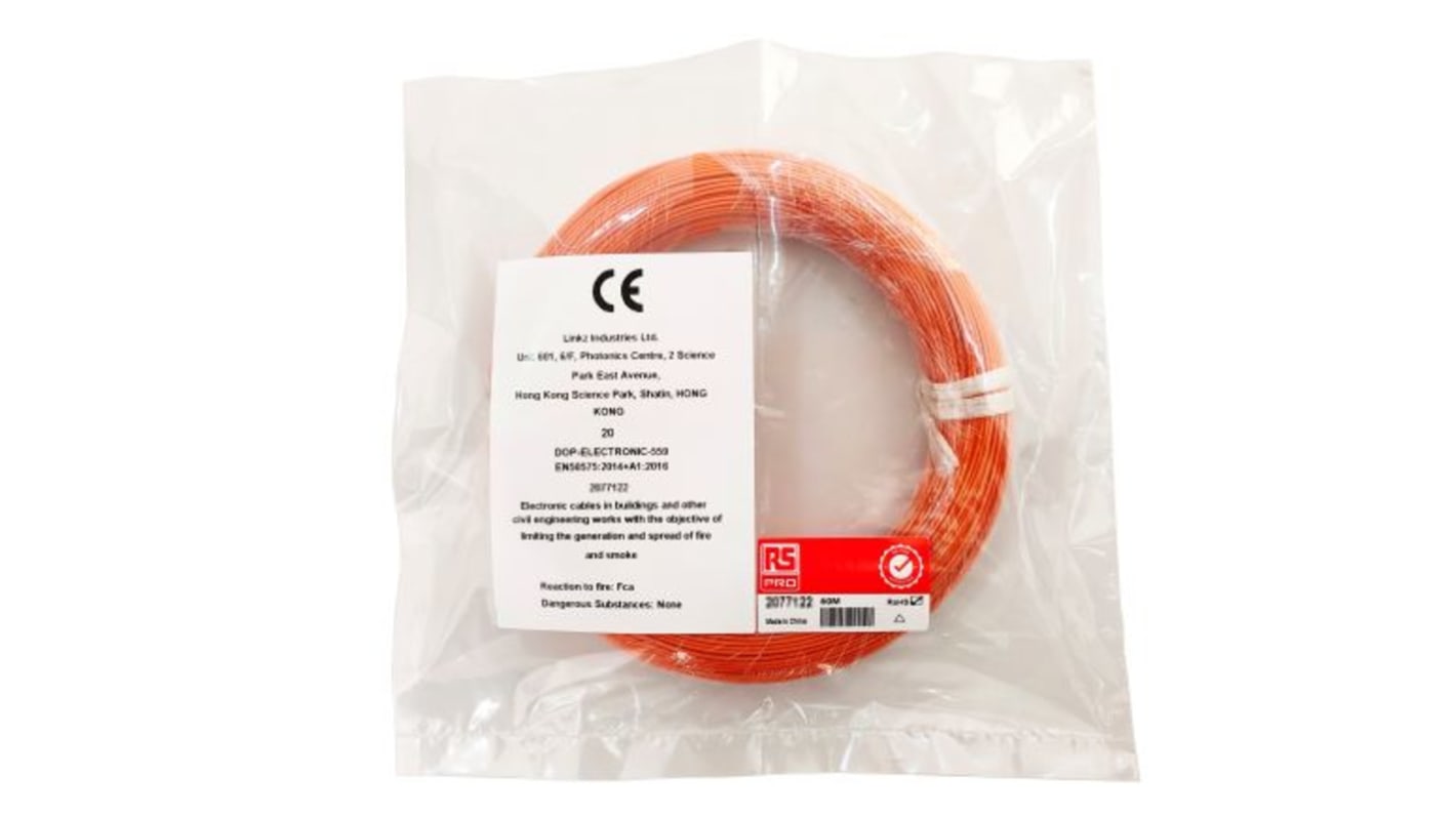 RS PRO Orange 0.2mm² Hook Up Wire, 24 AWG, 1/0.51 mm, 50m, ETFE Insulation