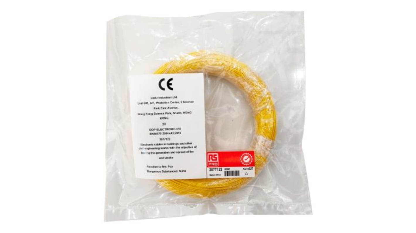 RS PRO Yellow 0.12mm² Hook Up Wire, 26 AWG, 1/0.40 mm, 50m, ETFE Insulation