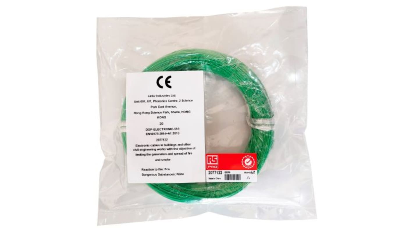 RS PRO Green 0.08mm² Hook Up Wire, 28 AWG, 1/0.32 mm, 50m, ETFE Insulation