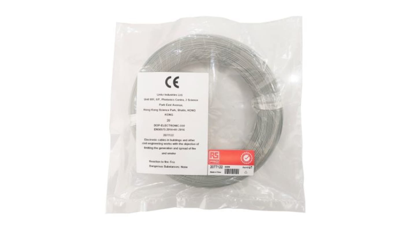 RS PRO 灰色电线, 0.05mm², 50m长, 30AWG, 300 V, 最高160°C, ETFE绝缘