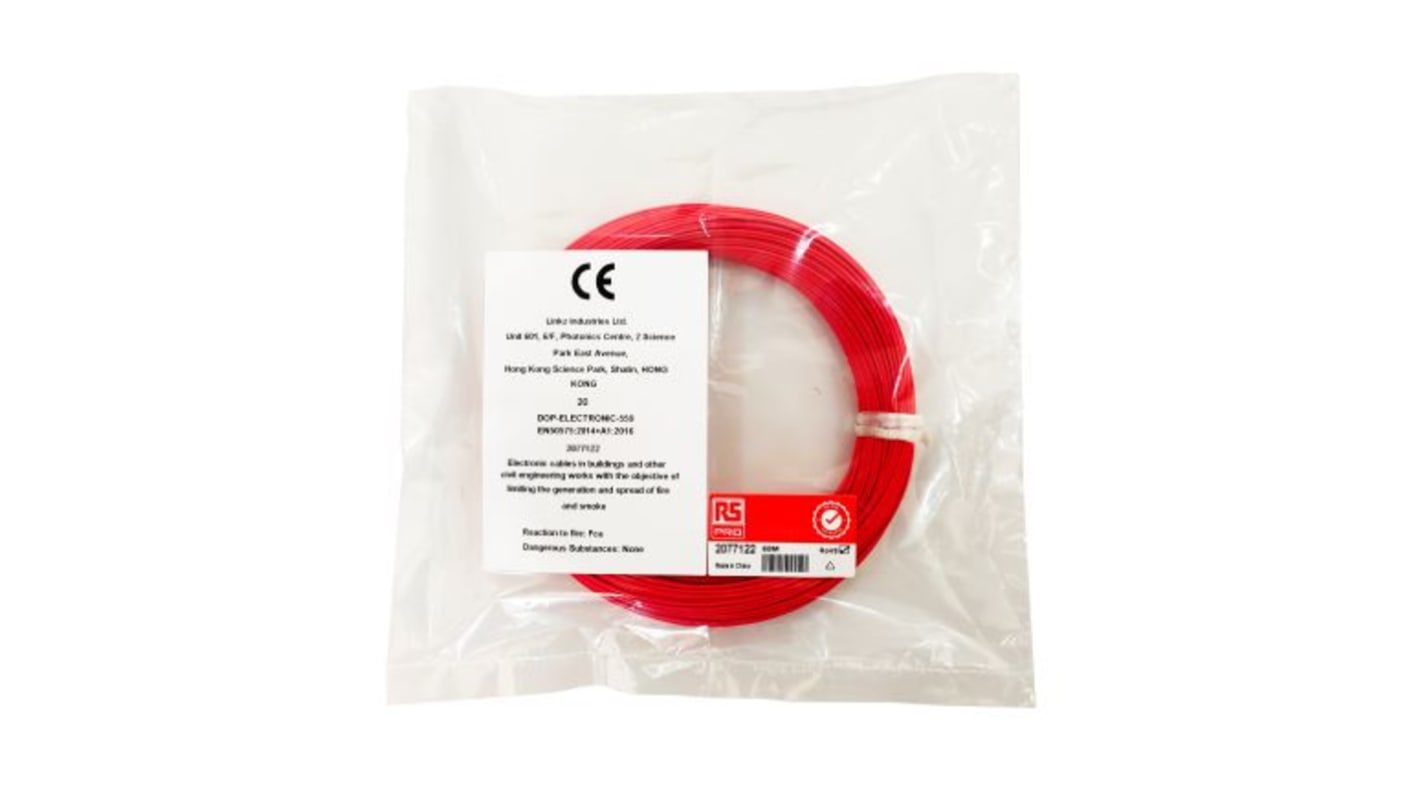RS PRO Red 0.05mm² Hook Up Wire, 30 AWG, 1/0.25 mm, 100m, ETFE Insulation