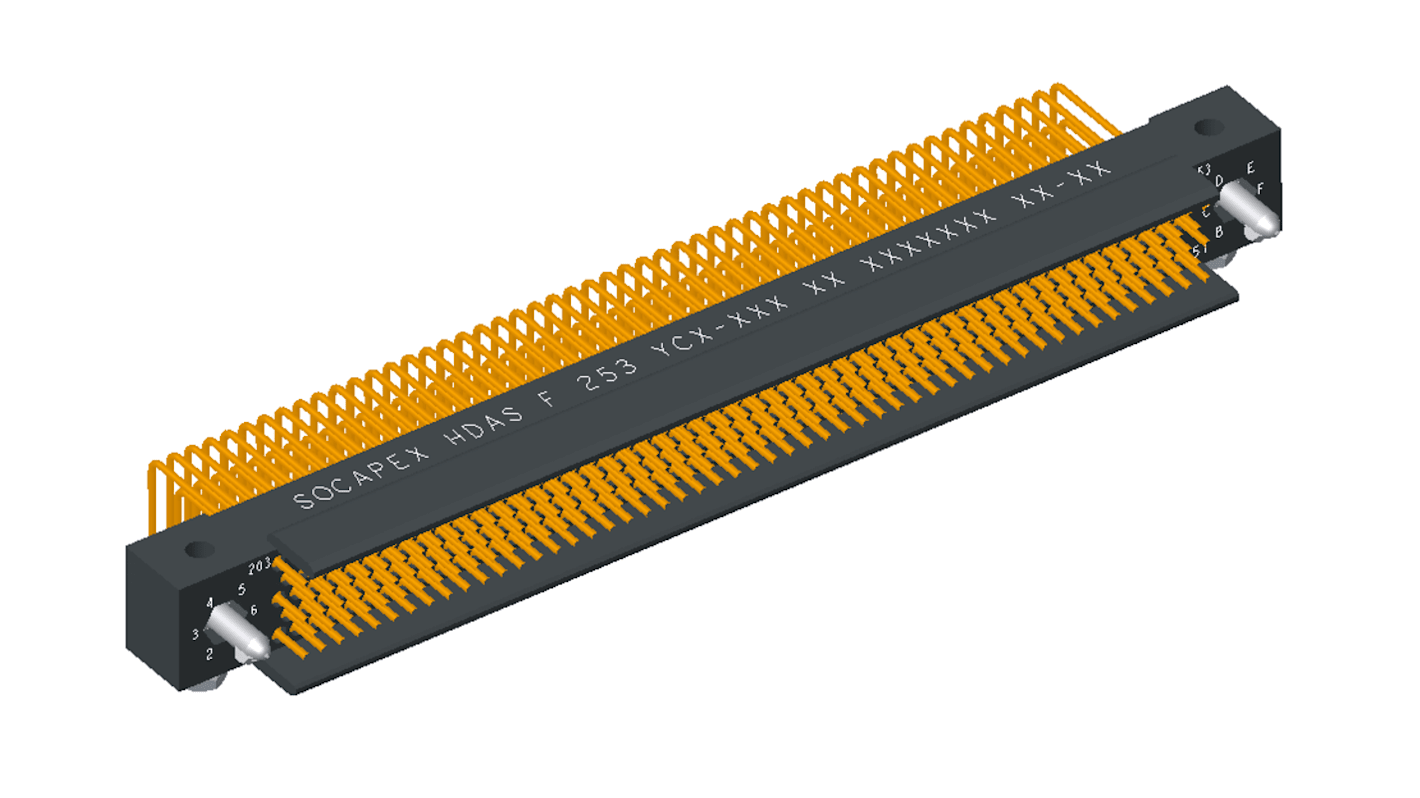 Amphenol Socapex HDAS Series Right Angle PCB Mount PCB Header, 253 Contact(s), 1.905mm Pitch, 4 Row(s), Shrouded