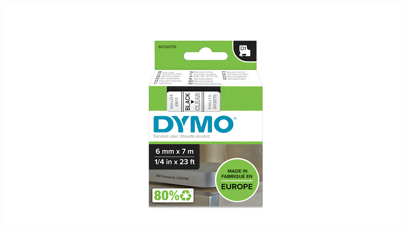 Dymo Black on Clear Label Printer Tape, 7 m Length, 6 mm Width