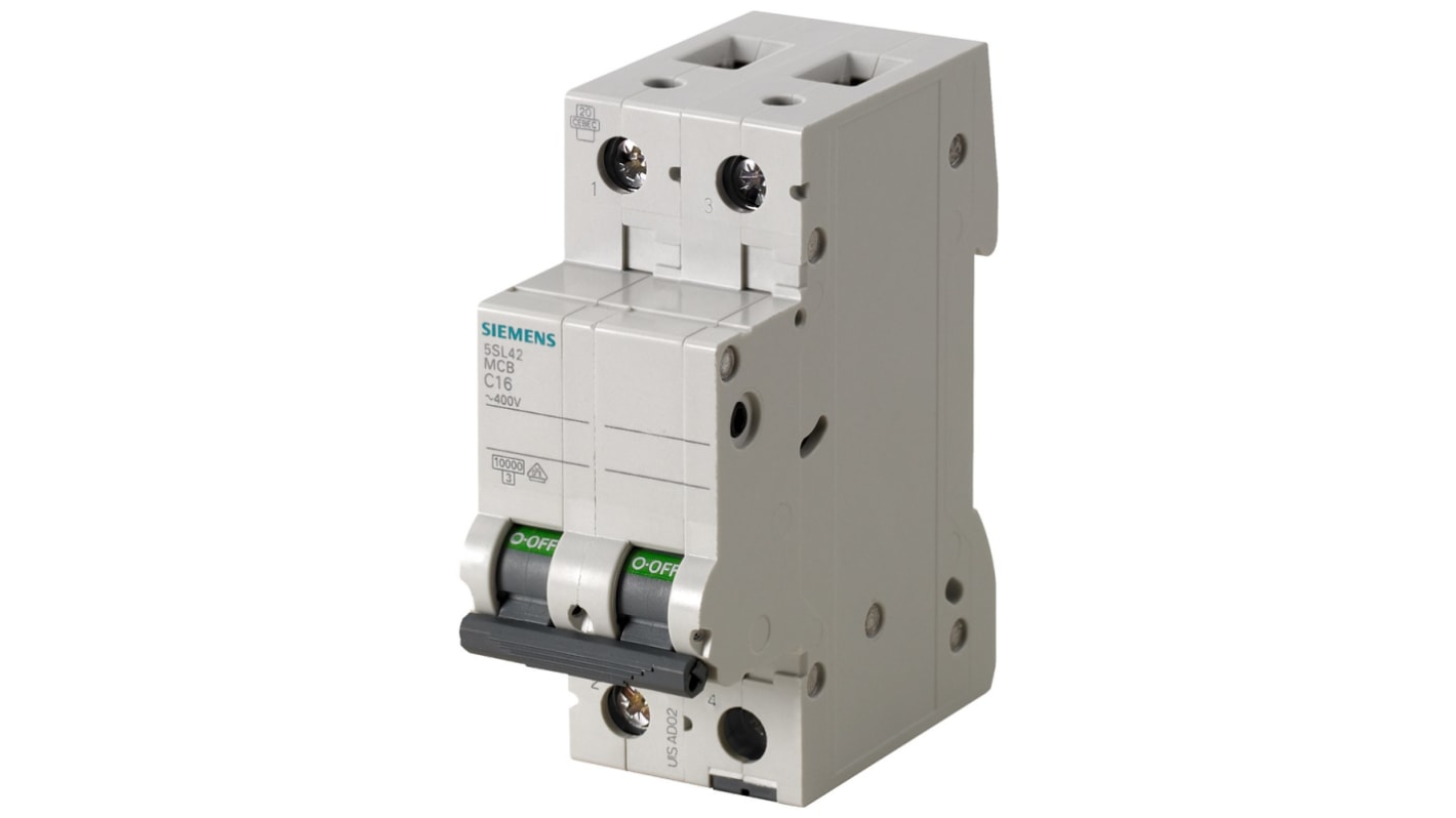 Siemens SENTRON 5SL4 MCB, 2P, 2A Curve C, 400V AC, 10 kA Breaking Capacity