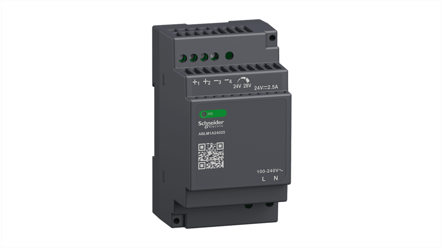 Schneider Electric 开关模式导轨电源, 24V 直流 2.5A输出, 60W, 100 → 240V 交流输入, 单相, ABLM1A系列