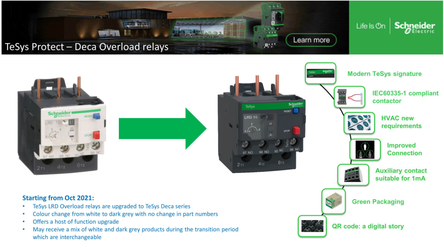 Schneider Electric Thermal Overload Relay, 4 A F.L.C, 5 A Contact Rating, 690 Vac, TeSys