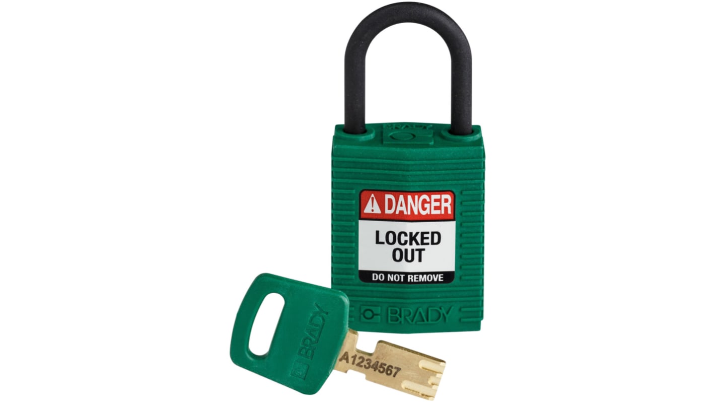 Lucchetto con chiave Brady per uso interno ed esterno, in Nylon, anello da 4.72mm, L. 25.40mm, col Verde