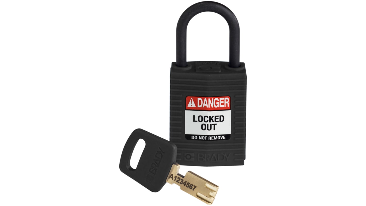 Lucchetto con chiave Brady per uso interno ed esterno, in Nylon, anello da 4.72mm, L. 25.40mm, col Nero