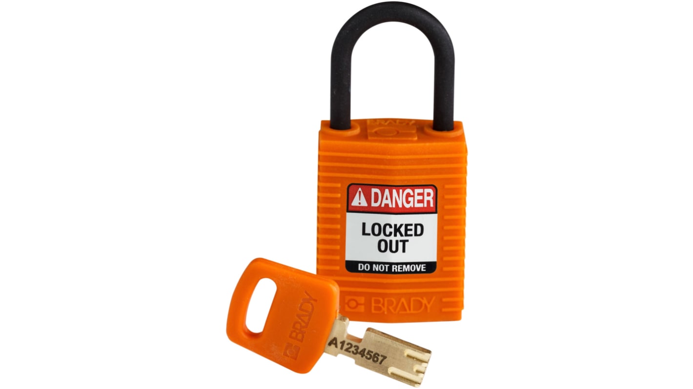 Lucchetto con chiave Brady per uso interno ed esterno, in Nylon, anello da 4.72mm, L. 25.40mm, col Arancione