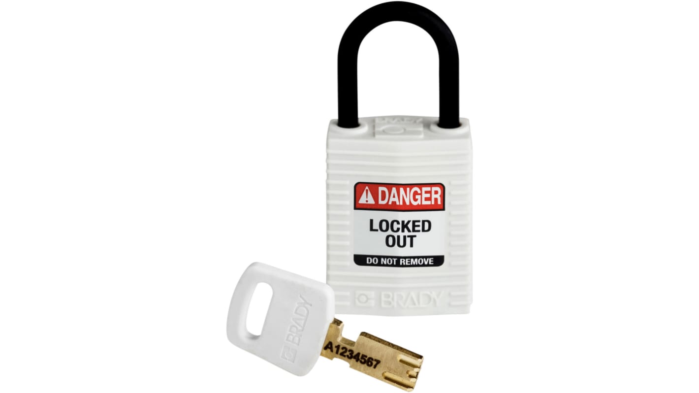 Lucchetto con chiave Brady per uso interno ed esterno, in Nylon, anello da 4.72mm, L. 25.40mm, col bianco