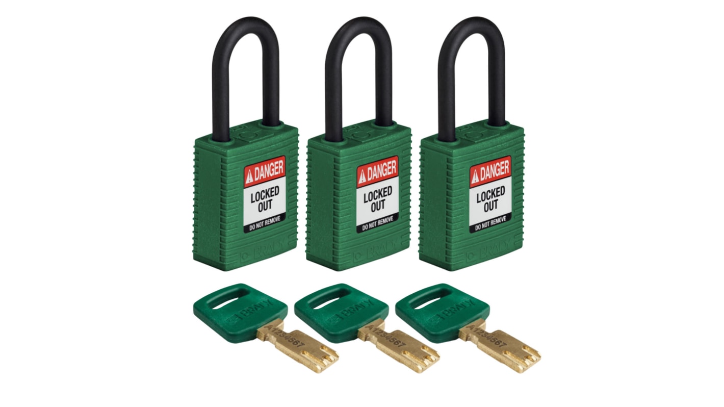 Candado de Nylon Brady, llaves similares, Ø de grillete 6.35mm, color Verde, para Interior, exterior