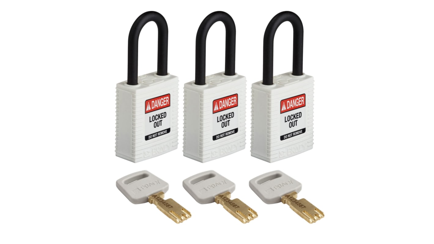 Candado de Nylon Brady, llaves similares, Ø de grillete 6.35mm, color Blanco, para Interior, exterior