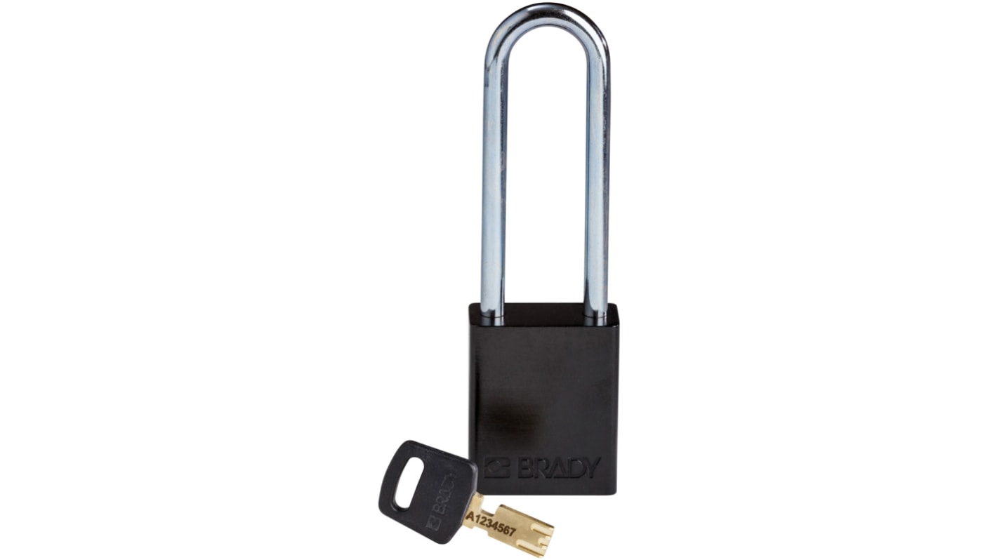 Lucchetto con chiave Brady per uso interno ed esterno, in Alluminio, anello da 6.35mm, L. 76.20mm, col Nero