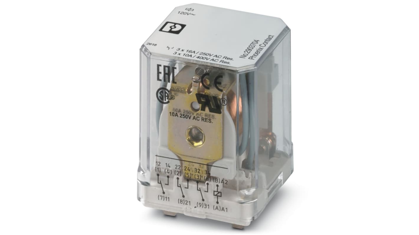 Phoenix Contact DIN Rail Power Relay, 120V ac Coil, 16A Switching Current