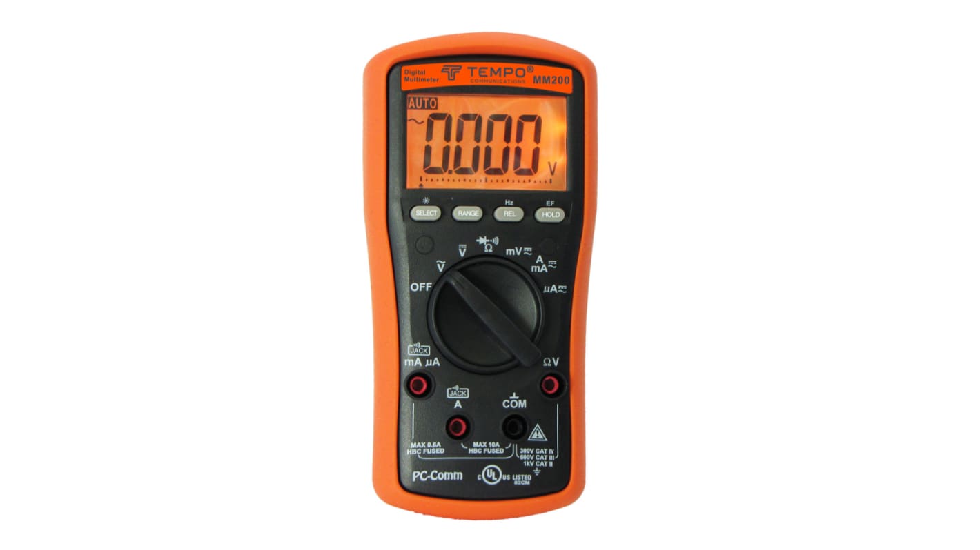 Tempo MM200 Handheld Digital Multimeter, 10A ac Max, 6mA dc Max, 1000V ac Max