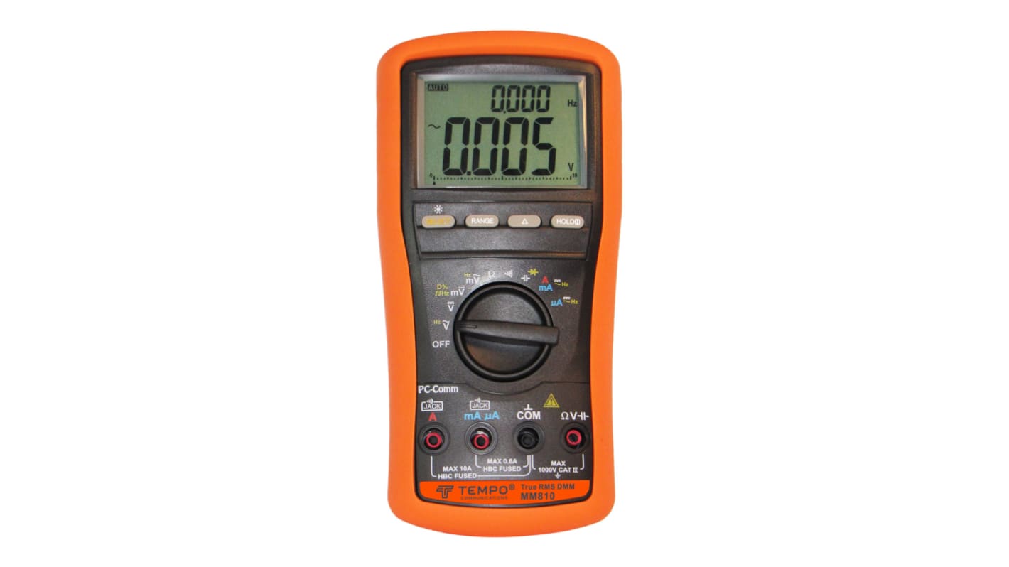 Tempo MM810 Handheld Digital Multimeter, True RMS, 10A ac Max, 6mA dc Max, 999.9V ac Max