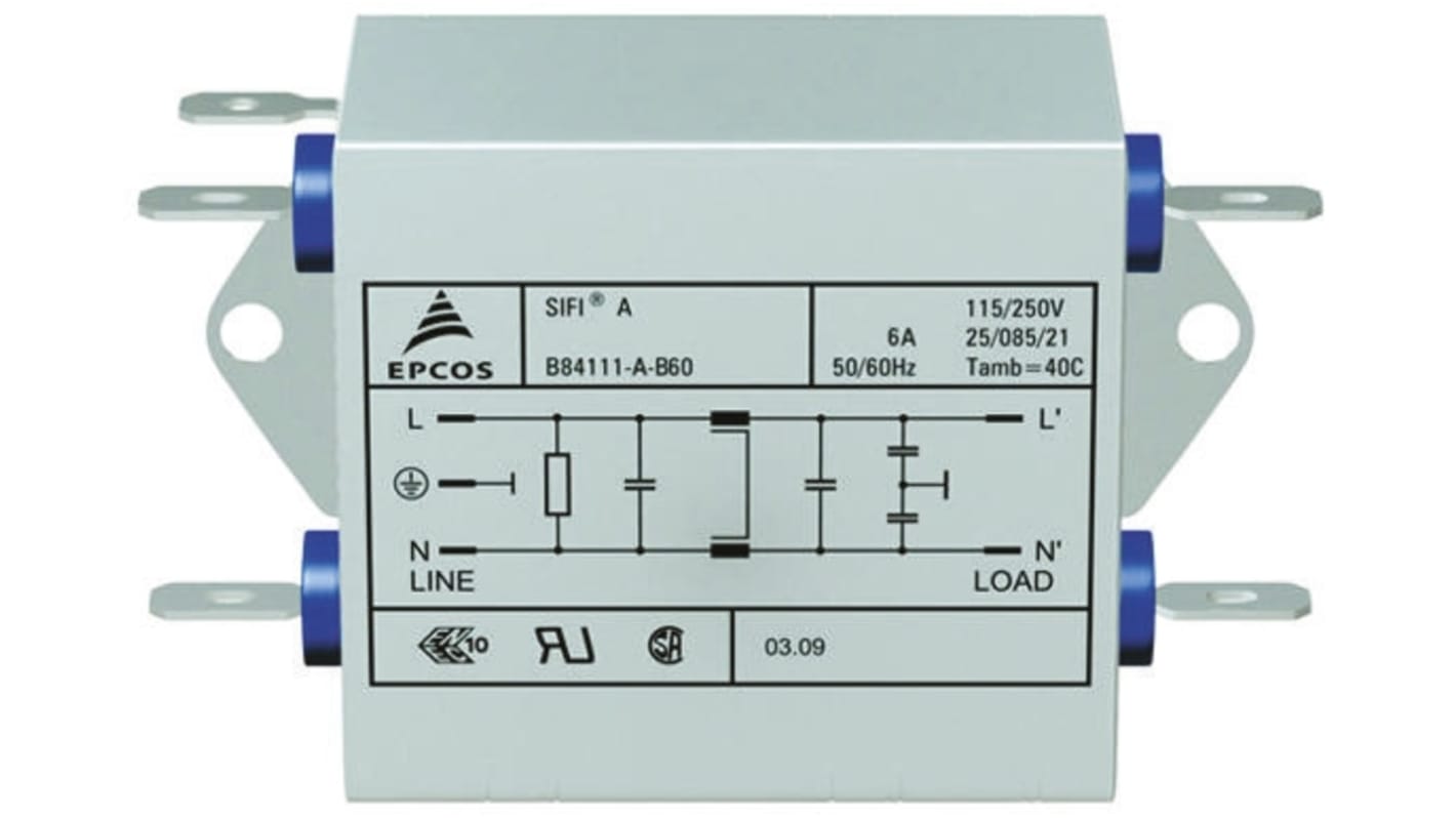 Filtro RFI EPCOS serie B84111A 250 V c.a. 3A, terminali a Linguetta, Montaggio su flangia