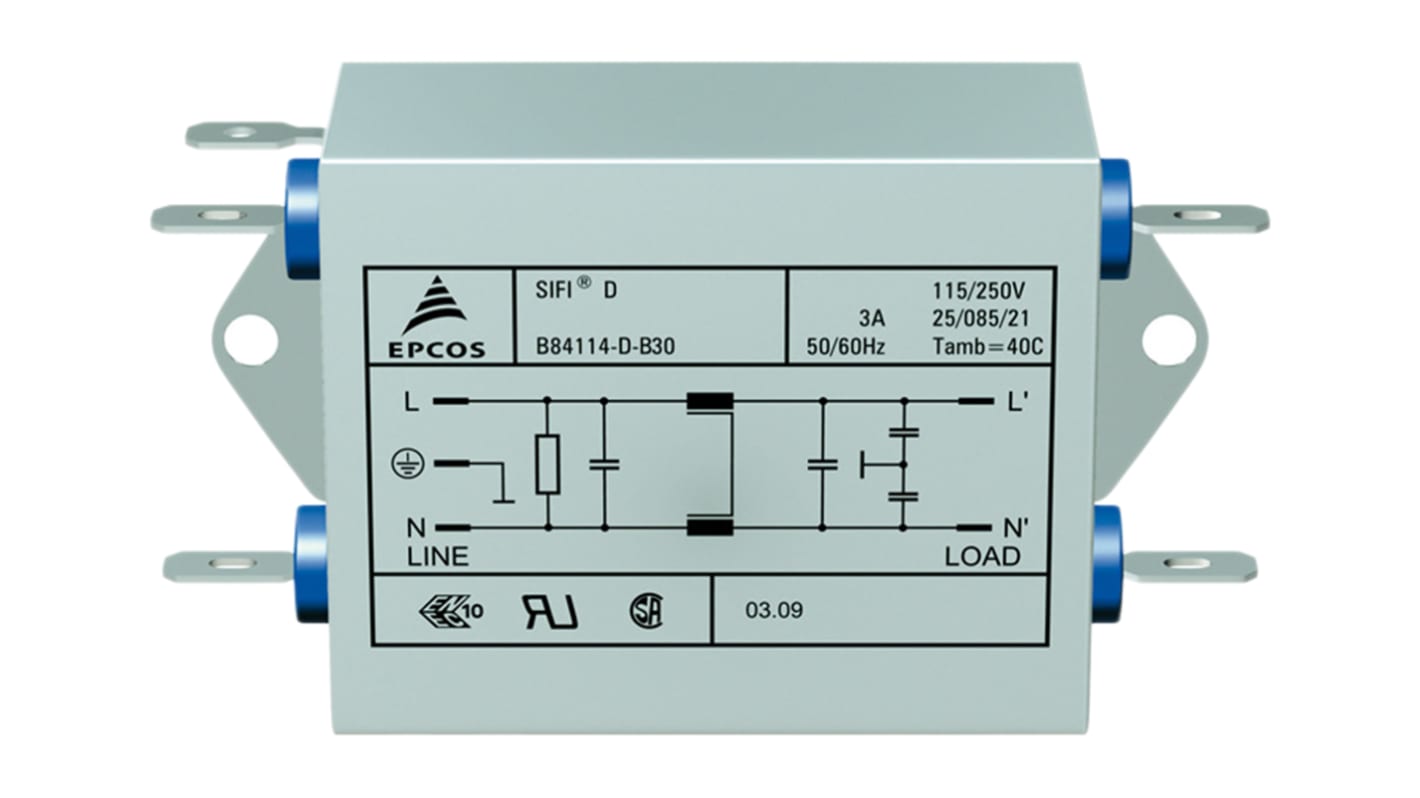 Filtro EMC EPCOS, 6A 1 fase, 250 V c.a./c.c. Su flangia
