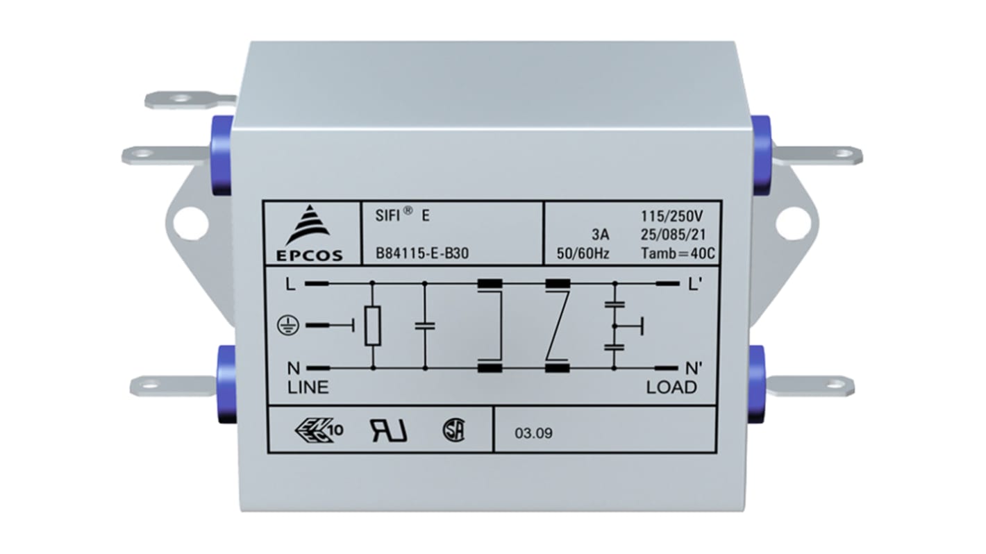 Filtro EMC EPCOS, 10A 1 fase, 250 V c.a./c.c. Su flangia