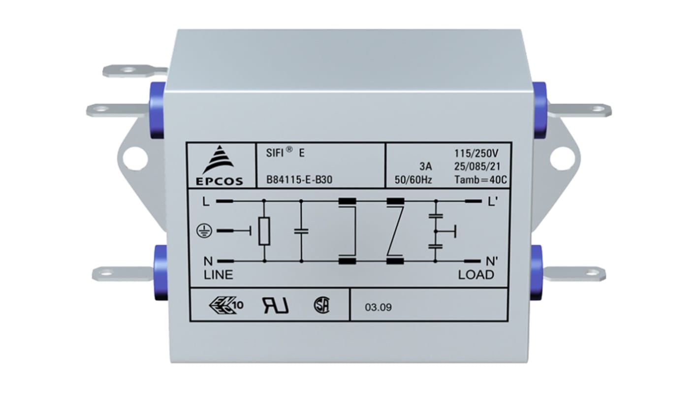 EPCOS B84115E EMV-Filter, 250 V ac/dc, 10A, Flanschmontage, Flachstecker, 1-phasig 1,73 mA / 60Hz Two Stage Zustände