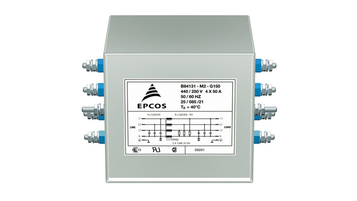 EPCOS B84131 EMV-Filter, 250/440 V-AC, 35A, Flanschmontage, Schraub, 3-phasig 0,064 mA / 50 → 60Hz Single Stage