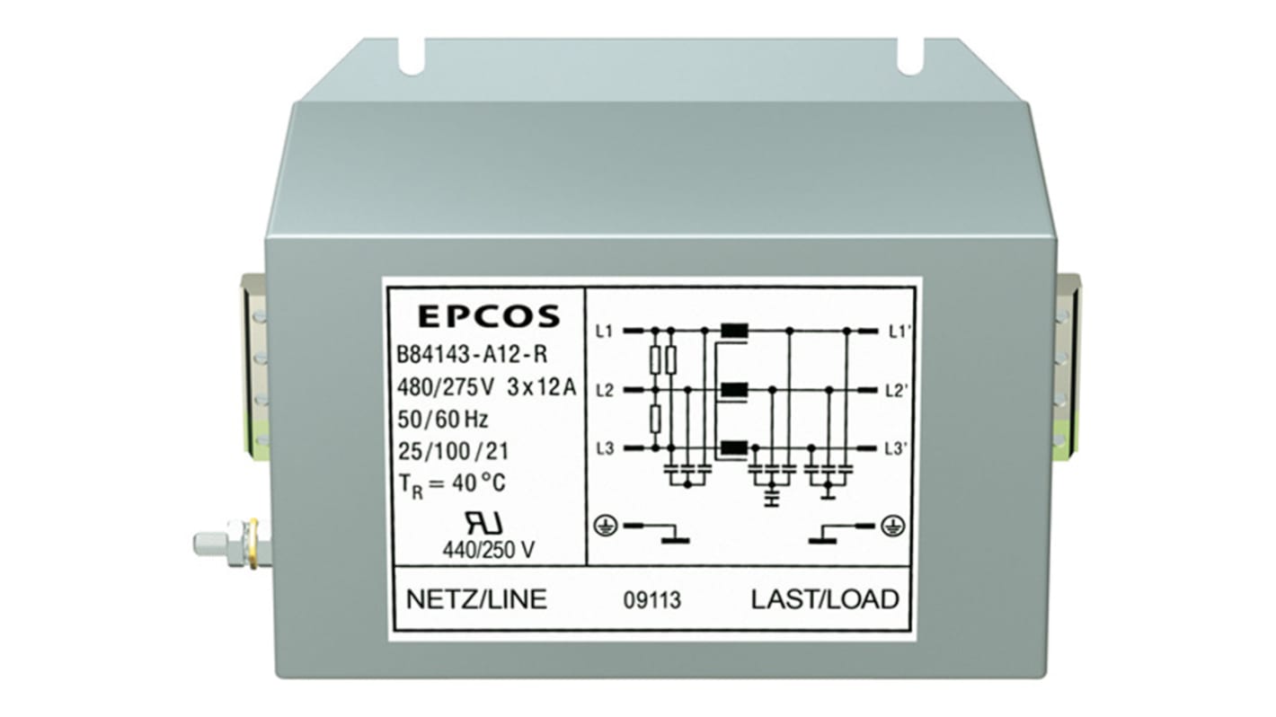 EPCOS EMC-szűrő 25A, 440 V AC, 50 → 60Hz, Karimával szerelhető, lezárás: Csavar 0,418 mA, B84143A*R000 sorozat