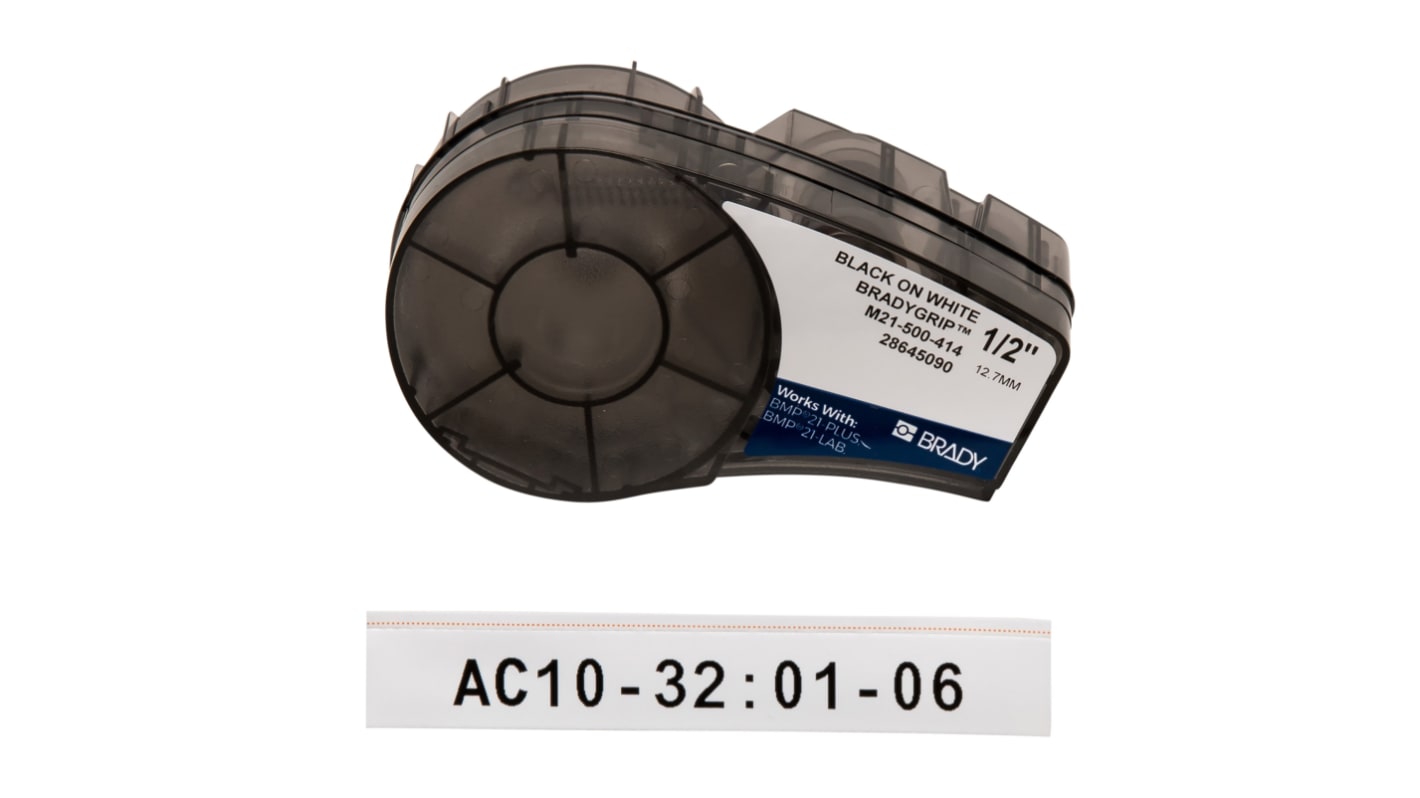Brady B-414 Black on White Label Printer Tape, 3.048 m Length, 12.70 mm Width